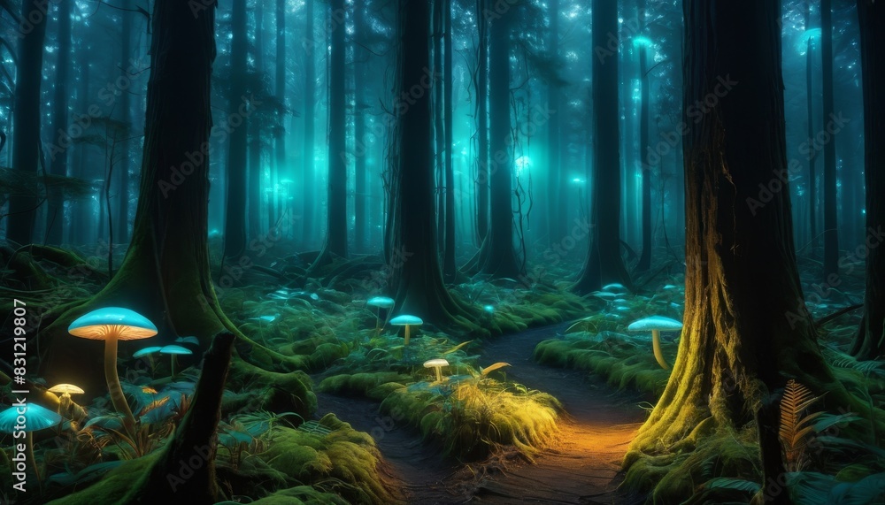 Poster a mystical forest path lined with glowing mushrooms emits a blue-green light, creating a surreal and
