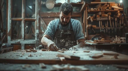 Man Carving Wood in Workshop Work Area