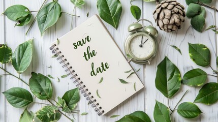the text save date written on blank notebook paper, with an alarm clock beside it, wooden background,