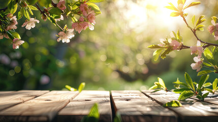 Leerer Holztisch im Freien mit gr&uuml;nem Laub und bl&uuml;henden Zweigen im Sonnenlicht