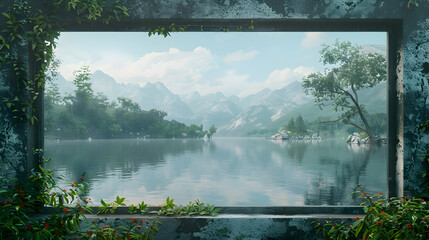 High resolution mockup of polished metal border frame with scenic nature view   ideal for modern and industrial design themes on Adobe Stock.