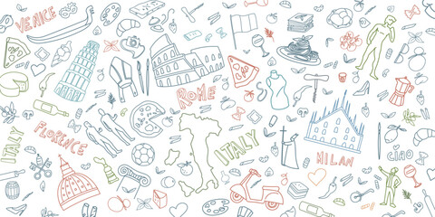 Obraz premium Italian Travel Doodle color icon Art Illustration. Hand Drawn Vector Clip Art. background Banner Set Logos