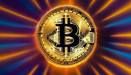 The power of Bitcoin is visually represented by a coin at the center of a dynamic energy burst, symbolizing financial force.