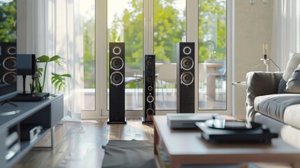 High-end floor-standing speakers in an elegant living room, with a turntable and vinyl records nearby, capturing the essence of audiophile living