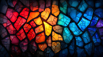 An abstract background that mimics the appearance of stained glass. Use bold, segmented colors separated by dark lines, creating a mosaic effect that catches the light and glows with vibrant hues.