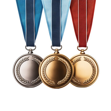 Set of award golden, silver and bronze blank medals isolated on white and transparent background
