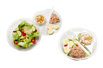 Fresh tuna salad with lettuce, cucombers, cherries and eggs in plastic container.