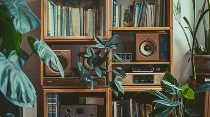 High-fidelity bookshelf speakers on a wooden shelf, surrounded by books and plants, blending high-quality sound with elegant home decor