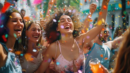 Obraz premium Group of women jubilantly celebrating with confetti