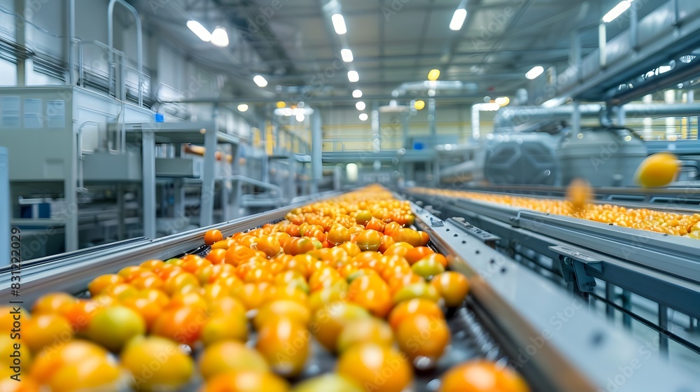 Poster modern factory floors: control and automated processing of canned fruit