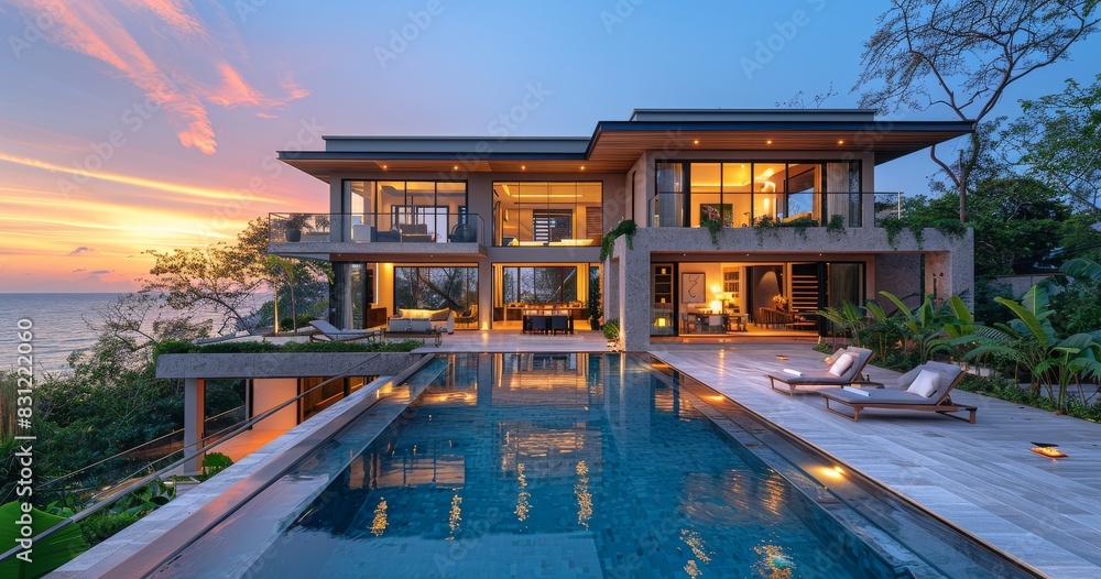 Wall mural A stunning two-story house with large windows, wooden accents and an expansive pool in front, located on the beachfront at sunset