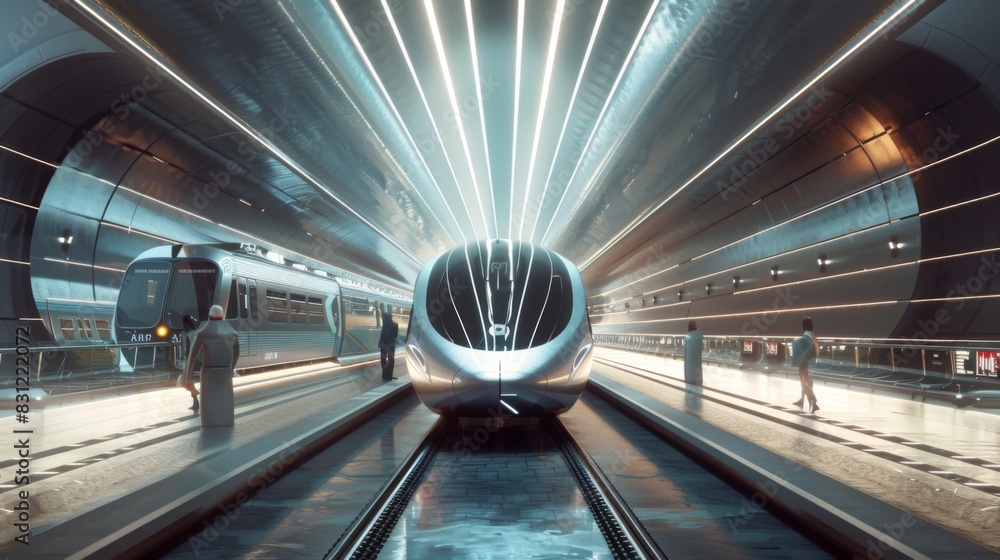 Poster high-speed train arriving at a futuristic station, with sleek architecture and passengers waiting, h