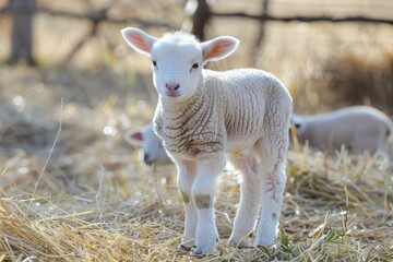 Obraz premium Cute white lamb stands amidst straw in the golden light of dawn
