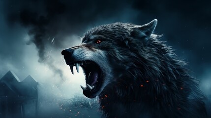 A fierce wolf howls at the moon, its red eyes glowing in the darkness. The image evokes a sense of primal power and danger.