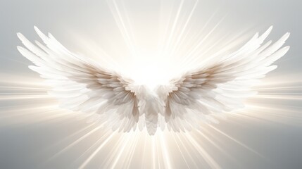 A pair of white angel wings with golden tips, illuminated by a bright light, against a grey background.