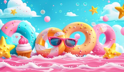 Vector illustration summer background with beach elements. Flat design summer beach illustration. 3D render, vector banner, sunglasses, pink wave, beach.