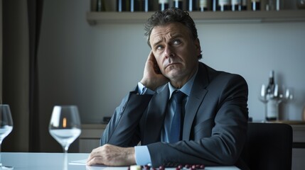 Businessman in deep thought at a dining table