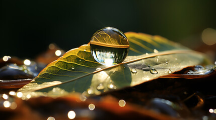 Water drop on a leaf with the word rain on it
