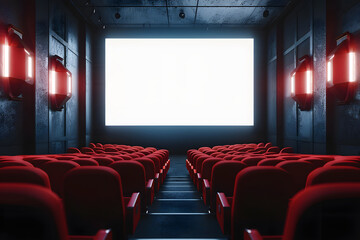 red seats and a wide white screen on the wal