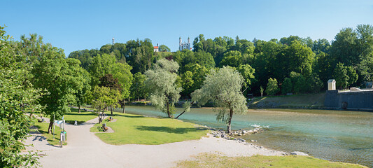 isar river Bad Tolz, recreational area with view to calvary hill.