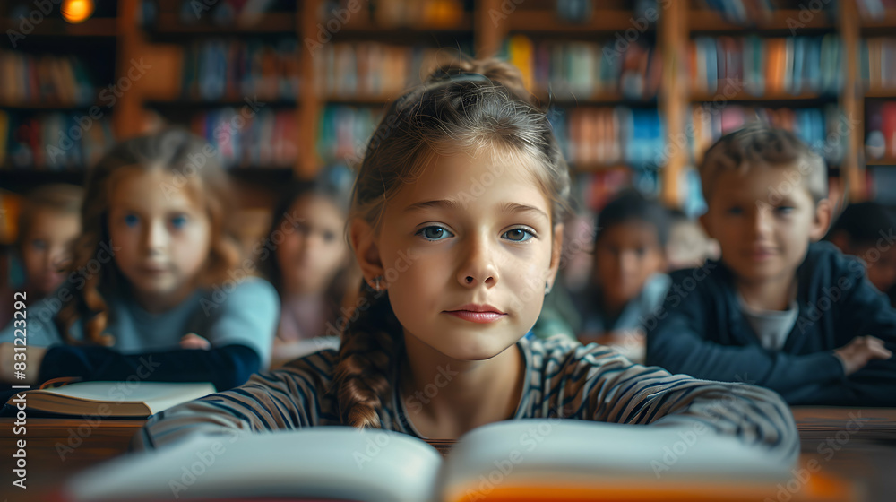 Poster photo realistic as students at school library concept: high resolution image of students at the scho