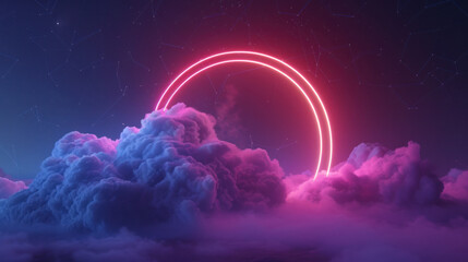 abstract cloud illuminated with a neon light ring, floating in a dark night sky, with a glowing geometric round frame