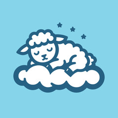 Cute little sheep sleeps on a cloud. lullaby. Logo, icon, symbol, isolated object. Blue