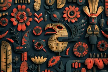 Obraz premium Colorful abstract tribal art intricate patterns symbols inspired indigenous designs vibrant multicolor composition.