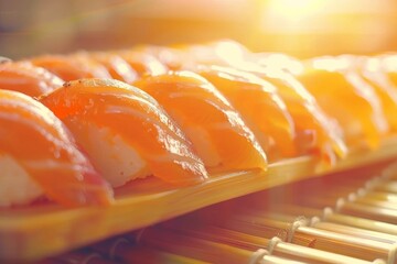 Sunlit delicious sushi on bamboo platter
