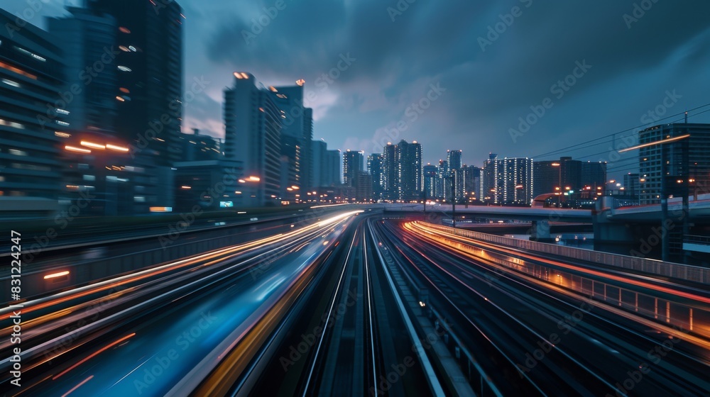 Poster High-speed train in motion at dusk, with city lights beginning to twinkle, creating a stunning contrast between the train's sleek design and the urban backdrop