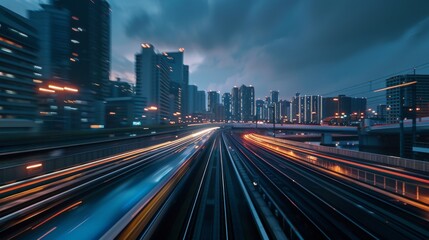High-speed train in motion at dusk, with city lights beginning to twinkle, creating a stunning contrast between the train's sleek design and the urban backdrop