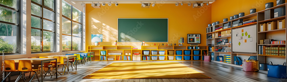 Poster high resolution image: teachers organizing classroom for new school year with dedication and prepara