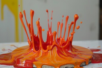 Vibrant orange paint splash on a white surface