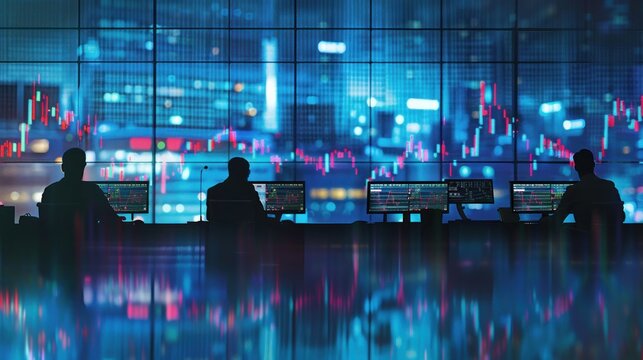 Silhouettes of business professionals in a financial setting, with figures working at desks filled with monitors displaying stock charts, one person is on a phone, and another is reviewing documents.