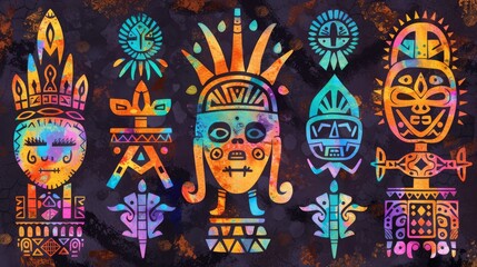 Colorful tribal masks in vibrant hues with intricate patterns and symbols, depicting cultural and artistic expressions on a dark background.