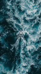 Lonely boat on turbulent sea from above