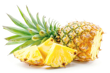 Whole Pineapple with Slices on White Background