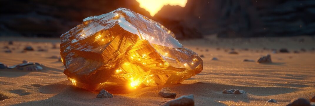 A citrine crystal rock stands in the vast desert landscape under the sun