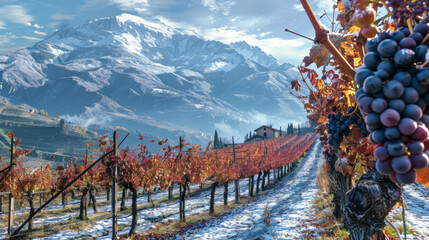 Vineyards grape farm with grapevine and snow mountain background.