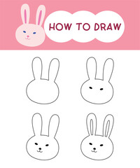How to draw rabbit face cartoon step by step for learning, kid, education, coloring book. Vector illustration