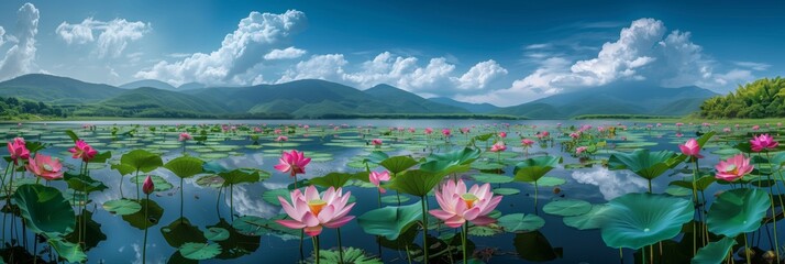 Panoramic of blooming Lotus flower plants in big lake garden pond against the backdrop of mountains, hills and clouds the sun