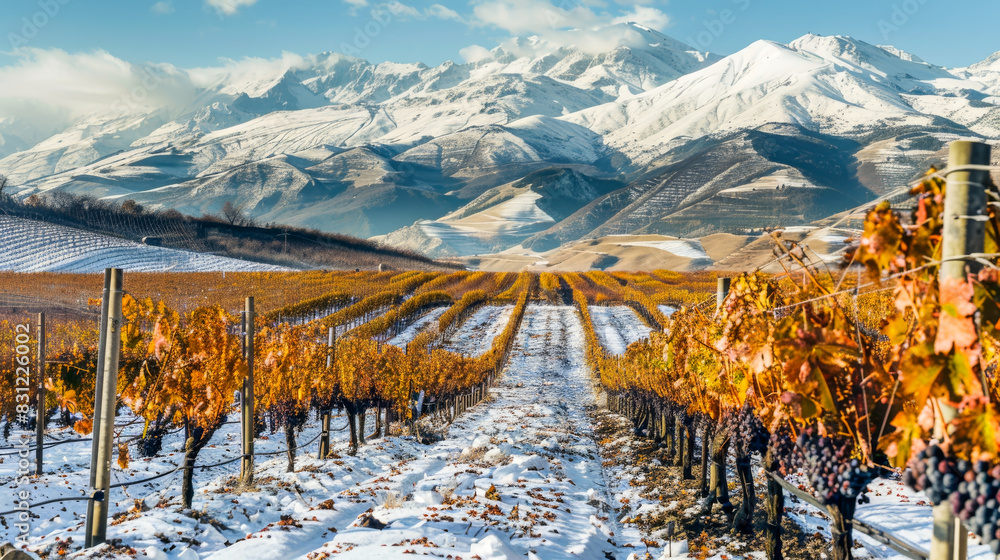 Sticker vineyards grape farm with grapevine and snow mountain background.