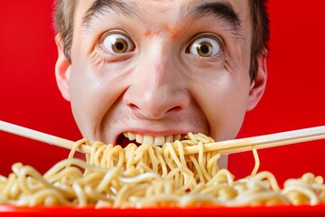 Close-up of excited man enjoying delicious noodles on red background