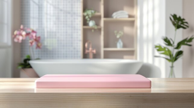 Wooden countertop with pink podium against bathroom background. Empty tabletop with a platform for presenting a beauty product. Stand mockup with overlay of sunlight from a window.