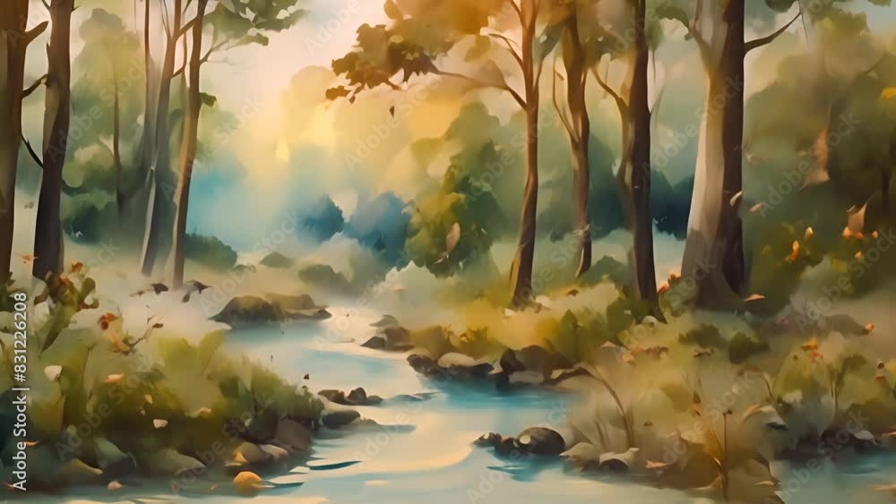 Poster stream flowing through lush forest generative ai