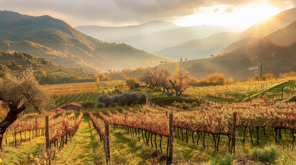 Obraz premium Vineyards grape farm with grapevine at sunset and mountain background.