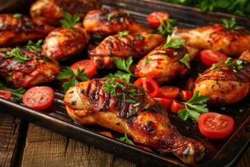 Grilled chicken legs with herbs on a baking sheet