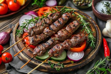 Succulent grilled kebabs on wooden platter with fresh vegetables