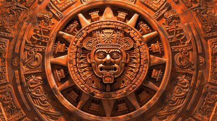 Obraz premium Intricate Aztec calendar stone with detailed carvings, showcasing ancient Mesoamerican art and symbolism in vibrant terracotta hues.
