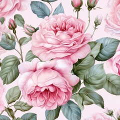 Seamless pattern, pink rose, Provence style, for clothes, watercolor.